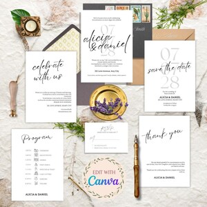 May include: A selection of wedding stationery, including invitations, RSVP cards, and thank you notes. The designs feature elegant calligraphy and floral accents. The colour palette is primarily white, grey, and gold, with a touch of lavender.