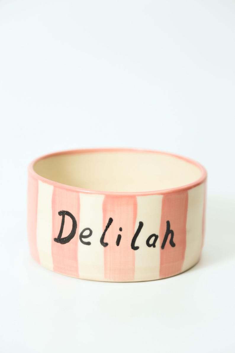 K&ouml;nnte beinhalten: Eine Keramik-Haustier-Sch&uuml;ssel mit cremefarbenem Innenraum und einem rosa-cremefarbenen gestreiften &Auml;u&szlig;eren. Der Name "Delilah" ist in schwarzer Schrift auf die Seite geschrieben. Der Rand ist rosa bemalt.