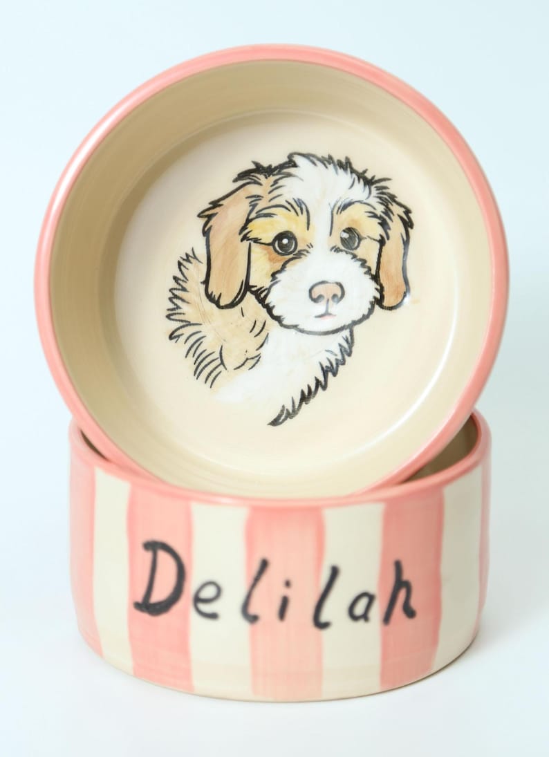 K&ouml;nnte beinhalten: Zwei Keramik-Futtern&auml;pfe, einer auf dem anderen gestapelt. Die obere Schale hat eine handgemalte Welpenillustration. Die untere Schale hat rosa und wei&szlig;e Streifen und den Namen "Delilah". Die R&auml;nder der Schalen sind rosa.