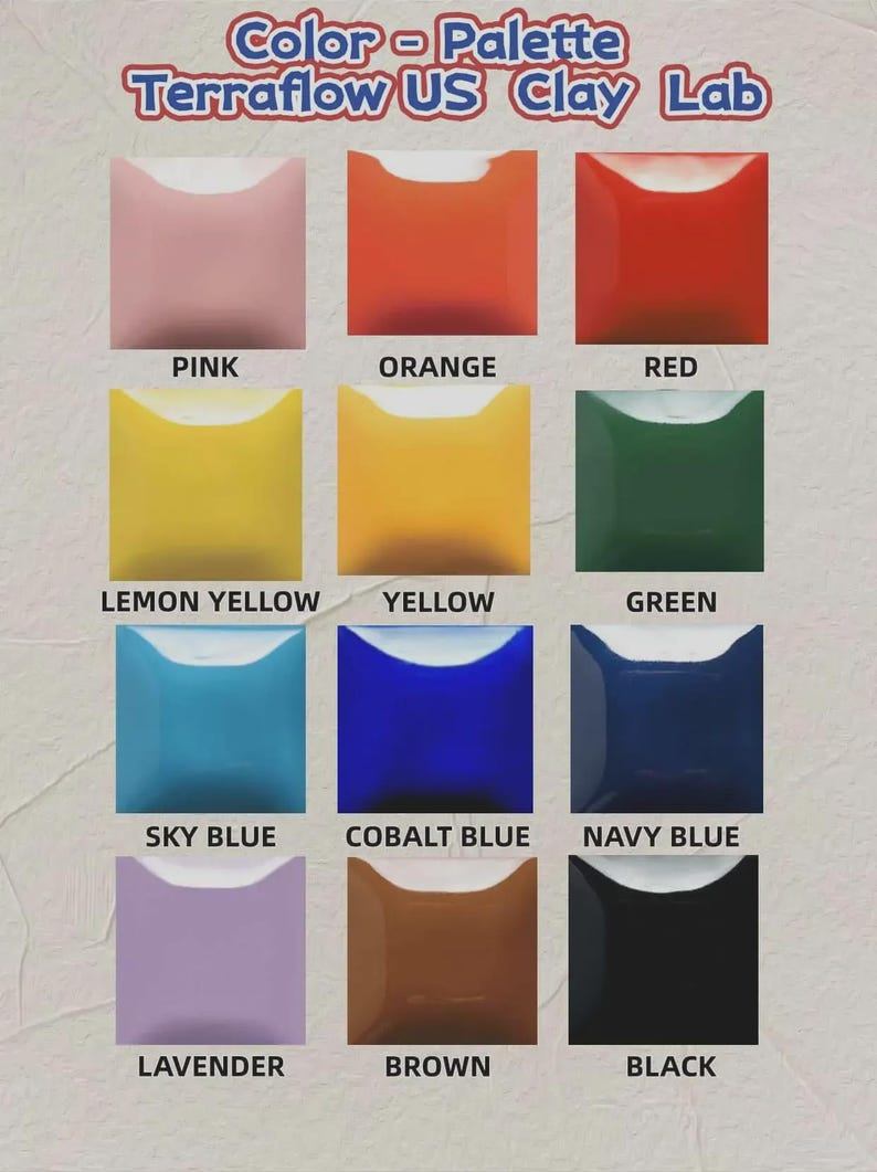 K&ouml;nnte beinhalten: Eine Farbpalette von Terraflow US Clay Lab mit 12 leuchtenden Farben. Die Farben umfassen Rosa, Orange, Rot, Zitronengelb, Gelb, Gr&uuml;n, Himmelblau, Kobaltblau, Marineblau, Lavendel, Braun und Schwarz. Der Text "Color - Palette" ist oben.