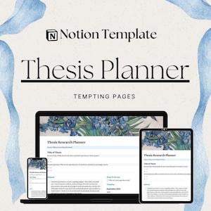 Może przedstawiać: Cyfrowy szablon Notion dla planera pracy magisterskiej, wyświetlany na laptopie, tablecie i smartfonie. Ekrany pokazują planera badań pracy magisterskiej z sekcjami na tytuł, streszczenie i codzienne listy rzeczy do zrobienia. Tło ma akwarelowy wzór.