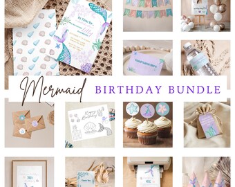 May include: A collection of mermaid-themed birthday party supplies. Includes invitations, banners, cupcake toppers, thank you cards, and party favors. The color scheme features pastel blues, greens, and purples with seashell and mermaid tail designs. The words "Mermaid Birthday Bundle" are displayed.