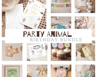 May include: A collection of party supplies with a "Party Animal Birthday Bundle" theme. Includes invitations, a banner, cupcakes, party hats, and a welcome sign. The design features cartoon animals and pastel colors.