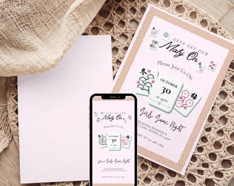 Mahjong Party Invitation and Mobile Invite: Editable Canva Template