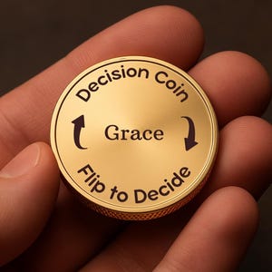 May include: A gold-colored decision coin with the words "Decision Coin" and "Flip to Decide" engraved around the edges. The word "Grace" is in the center. Black arrows indicate the flipping direction.