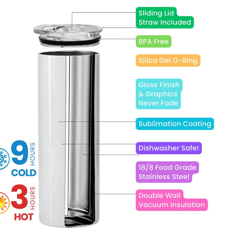 May include: A stainless steel tumbler with a sliding lid and straw. The tumbler is designed to keep drinks cold for 9 hours and hot for 3 hours. Features include a gloss finish, sublimation coating, and dishwasher-safe design.