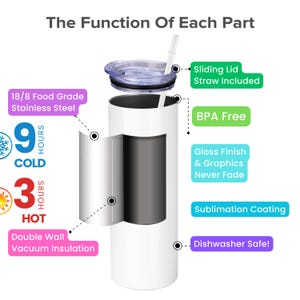 May include: White insulated tumbler with a sliding lid and straw. Features include double-wall vacuum insulation, BPA-free construction, and a gloss finish. The tumbler keeps cold drinks cold for 9 hours and hot drinks hot for 3 hours. Dishwasher safe.