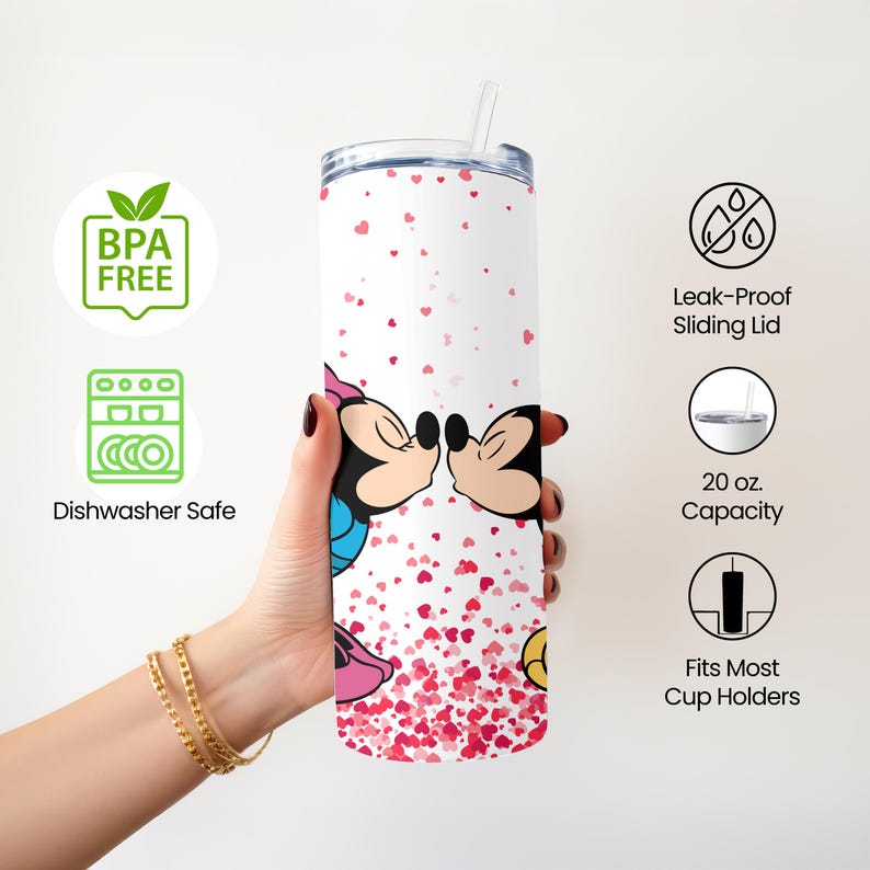 May include: A white 591 ml tumbler with a lid and straw, decorated with Mickey and Minnie Mouse kissing, and red hearts. The tumbler is labelled "BPA Free" and "Dishwasher Safe".