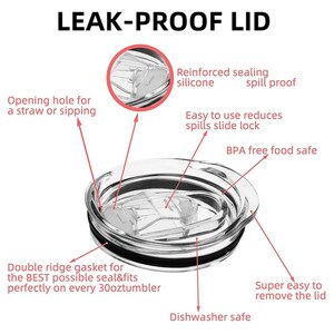 May include: Transparent leak-proof lid with silicone seals. Features include a straw opening, a slide lock to reduce spills, and a double ridge gasket. The lid is BPA-free, dishwasher safe, and fits 887 ml tumblers.