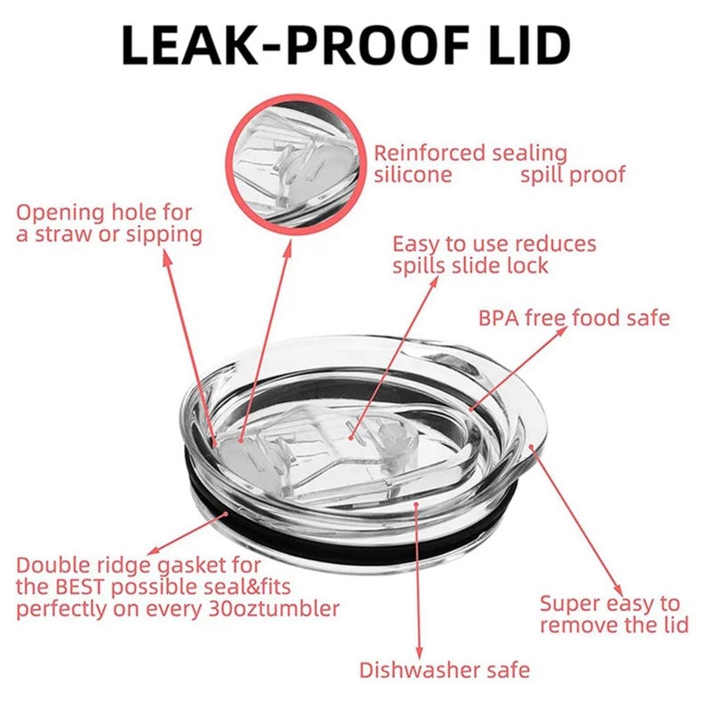 May include: Transparent leak-proof lid with silicone seals. Features include a straw opening, a slide lock to reduce spills, and a double ridge gasket. The lid is BPA-free, dishwasher safe, and fits 887 ml tumblers.