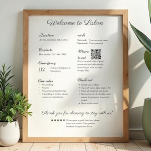 Airbnb/VRBOウェルカムサイン。シンプルでクリーンなデザイン。バケーションレンタルのゲスト情報と無料特典のポスター（デジタルダウンロード）
