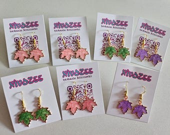 Handmade Enamel Maple Leaf Dangle Earrings: Gold-Tone Autumn Jewelry