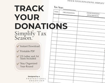 Tax Year Donation Log Tracker | Business Donation Tax Form | Home Donation Tax Tracker | Donation List | Home Binder Template