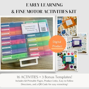 Pode incluir: Kit digital de atividades de aprendizagem precoce e motricidade fina. A imagem mostra um organizador de plástico transparente cheio de compartimentos coloridos rotulados com nomes de atividades. Exemplos de atividades são apresentados.