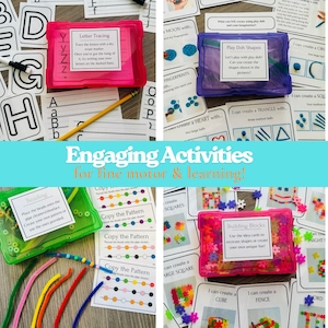 May include: A collection of educational activity kits featuring four plastic storage cases in pink, purple, green, and magenta. Each case contains learning materials including letter tracing cards, play dough shape cards, bead threading supplies, and building blocks with instruction cards.