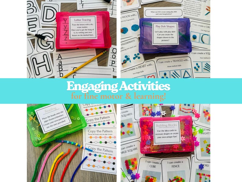 May include: A collection of educational activity kits featuring four plastic storage cases in pink, purple, green, and magenta. Each case contains learning materials including letter tracing cards, play dough shape cards, bead threading supplies, and building blocks with instruction cards.