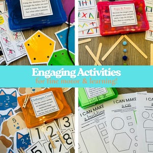 May include: A collection of educational activity kits featuring colorful plastic storage cases, printed instruction cards, wooden popsicle sticks, small pom-poms, wooden clothespins, and paper worksheets with shapes and numbers for fine motor skill development.