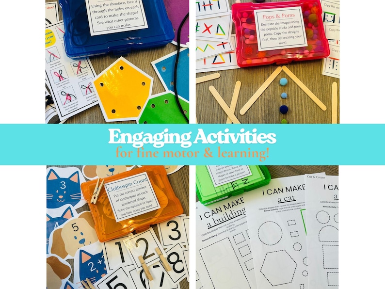 May include: A collection of educational activity kits featuring colorful plastic storage cases, printed instruction cards, wooden popsicle sticks, small pom-poms, wooden clothespins, and paper worksheets with shapes and numbers for fine motor skill development.