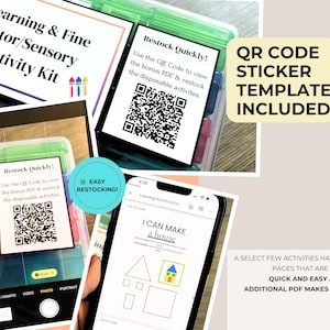 May include: A Learning & Fine Motor/Sensory Activity Kit featuring a QR code sticker template. The kit includes printable activity pages, such as a house drawing exercise, accessible via a smartphone camera to view a bonus PDF for easy restocking.