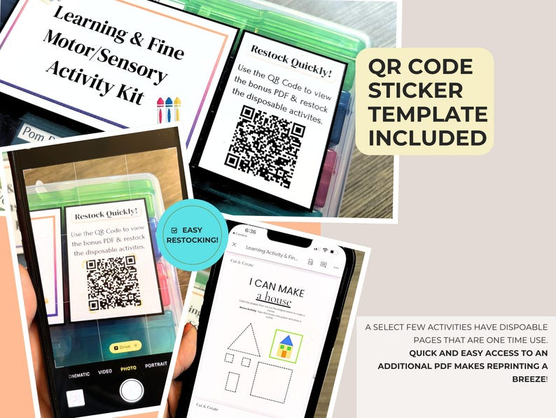May include: A Learning & Fine Motor/Sensory Activity Kit featuring a QR code sticker template. The kit includes printable activity pages, such as a house drawing exercise, accessible via a smartphone camera to view a bonus PDF for easy restocking.