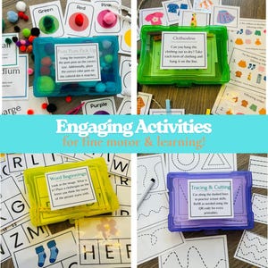May include: Four plastic storage boxes in blue, green, yellow, and purple containing educational activity sets. Each box features a label with instructions for tasks like Pom Pom Pick Up, Clothesline, Word Beginnings, and Tracing & Cutting.