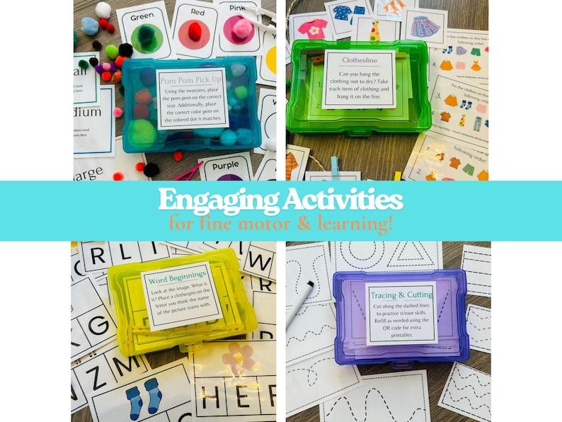 May include: Four plastic storage boxes in blue, green, yellow, and purple containing educational activity sets. Each box features a label with instructions for tasks like Pom Pom Pick Up, Clothesline, Word Beginnings, and Tracing & Cutting.