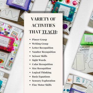 May include: A collection of educational activity kits featuring colorful plastic storage boxes, printed instruction cards, and worksheets. The central text reads: VARIETY OF ACTIVITIES THAT TEACH: Pincer Grasp, Writing Grasp, Letter Recognition, Number Recognition, Scissor Skills, Sight Words, Color Recognition, Size Recognition, Logical Thinking, Basic Equations, Sensory Exploration, Fine Motor Skills.