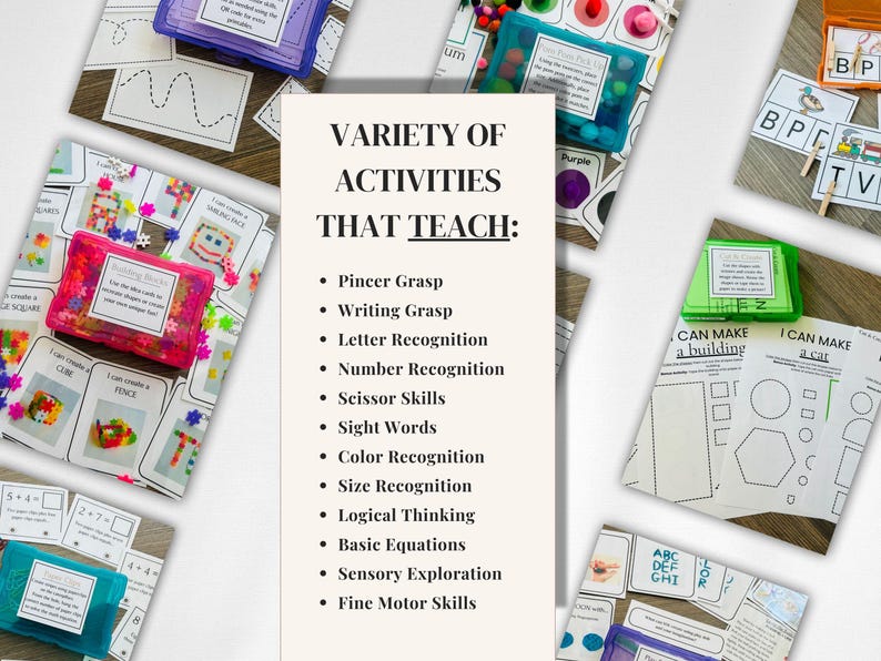 May include: A collection of educational activity kits featuring colorful plastic storage boxes, printed instruction cards, and worksheets. The central text reads: VARIETY OF ACTIVITIES THAT TEACH: Pincer Grasp, Writing Grasp, Letter Recognition, Number Recognition, Scissor Skills, Sight Words, Color Recognition, Size Recognition, Logical Thinking, Basic Equations, Sensory Exploration, Fine Motor Skills.