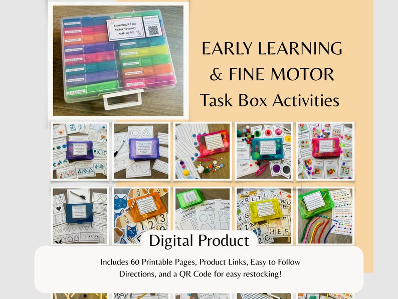 May include: A clear plastic storage case containing multiple colorful small containers, each labeled for early learning and fine motor task box activities. The set includes 60 printable pages, product links, instructions, and a QR code for restocking.