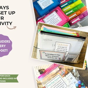 May include: A learning and fine motor sensory activity kit featuring multiple storage methods including colorful plastic containers, mesh zipper pouches, and clear bags with printed instruction labels for tasks like letter tracing and pom pom towers.