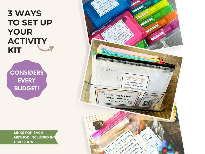 May include: A learning and fine motor sensory activity kit featuring multiple storage methods including colorful plastic containers, mesh zipper pouches, and clear bags with printed instruction labels for tasks like letter tracing and pom pom towers.