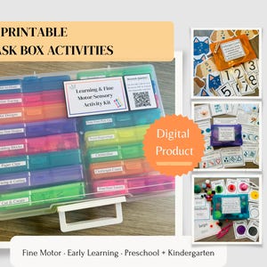 May include: A digital product set of 16 printable task box activities for fine motor and sensory learning. The kit includes a clear plastic storage case with colorful compartments, each labeled with specific tasks, and accompanying activity cards.