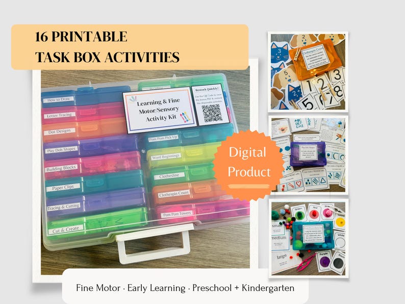 May include: A digital product set of 16 printable task box activities for fine motor and sensory learning. The kit includes a clear plastic storage case with colorful compartments, each labeled with specific tasks, and accompanying activity cards.