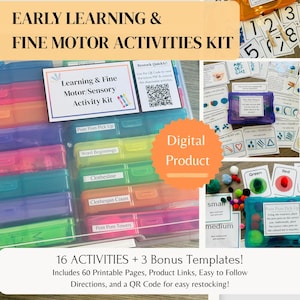May include: An early learning and fine motor activities kit. The kit includes printable pages, product links, and a QR code for easy restocking. The kit includes activities such as Pom Pom Pick Up, Word Beginnings, Clothesline, Clothespin Count, and Pom Pom Towers.