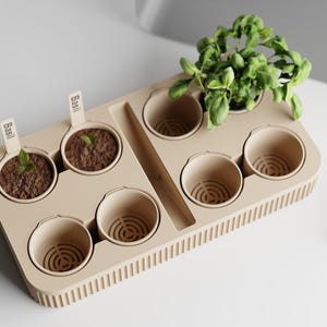 May include: A beige rectangular planter with eight circular compartments, some containing soil and small plants. Two compartments have "Basil" labels. One compartment holds a larger basil plant. An "Oregano" label is visible.