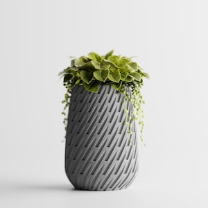 Puede incluir: Una maceta gris, texturizada y de forma ovalada, con un diseño geométrico. La maceta está llena de plantas verdes de hojas y vides colgantes. El fondo es blanco liso.