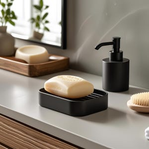 May include: A light beige bar of soap rests on a black soap dish. A black soap dispenser and a wooden tray with soap are also visible. The scene is set on a light gray countertop, creating a minimalist aesthetic.
