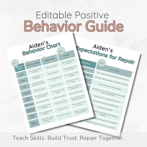 Puede incluir: Dos hojas blancas impresas tituladas "Aiden's Behavior Chart" y "Aiden's Expectations for Repair". El cuadro enumera comportamientos y frases de ayuda. La guía ofrece pasos para la reparación. El texto "Editable Positive Behavior Guide" está en la parte superior.
