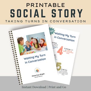 Op de afbeelding: Een spiraalgebonden boekje en een pagina getiteld "Waiting My Turn in Conversation". De kaft van het boekje toont een foto van kinderen. De tekst luidt "Printable Social Story" en "Taking Turns in Conversation."