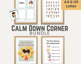 May include: A collection of educational posters and visual support cards for a calm down corner. The posters include "I feel..." charts, "The Five Senses Grounding Game", and "Our Calm Down Corner". Available in A4 and US Letter sizes.