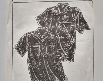 May include: A monochrome illustration of two short-sleeved Hawaiian shirts featuring a floral design. The image is printed on white paper, with the text "Hawaiian Classics" and "From Victoria Jones Collection". The size range is "Small - XXXX Large".