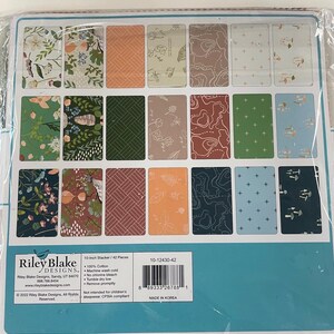 May include: A 10-inch stacker of 42 fabric pieces with various patterns, including floral, geometric, and map designs. The color palette includes greens, oranges, and blues. The Riley Blake Designs product is made of 100% cotton.