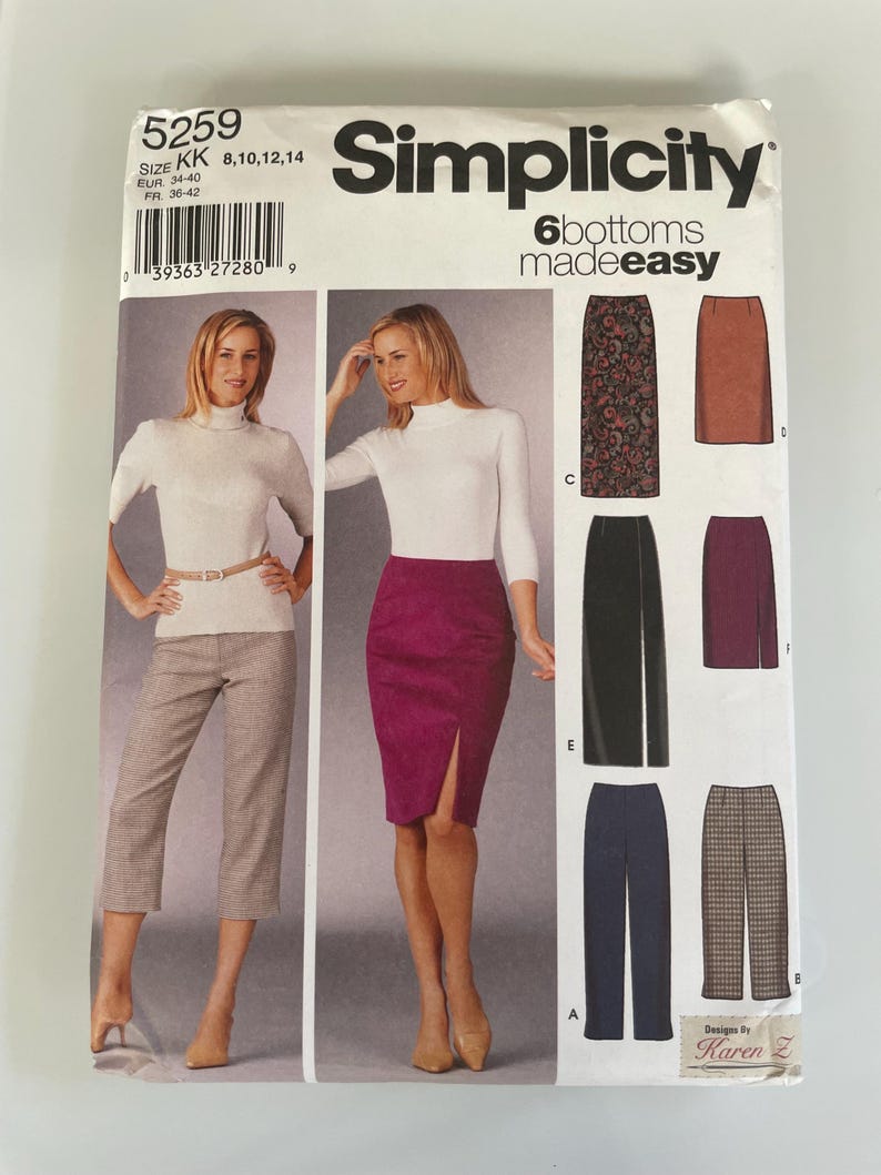 May include: A Simplicity 5259 sewing pattern envelope for 6 bottoms made easy, size KK 8, 10, 12, 14. The front displays illustrations of various skirts and trousers, including a magenta knee-length skirt with a side slit and plaid cropped trousers.