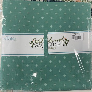 May include: A package of fabric squares in various patterns and colors. The dominant fabric is teal with a white geometric design. The package is labeled "Wildwood Wander" by Katherine Lenius and "Riley Blake Designs."