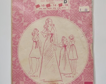 May include: A vintage pink and white Patterns Pacifica sewing pattern packet. The packet features illustrations of women's dresses and includes sizes 8-18. The text on the packet reads "You can make any one size."