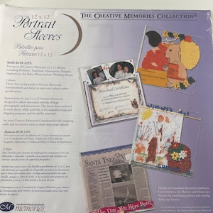Puede incluir: Un paquete de fundas Portrait Creative Memories de 12x12. El paquete incluye fundas de polipropileno transparente para guardar fotos, con texto en inglés y español. También se muestran ejemplos de páginas de álbumes de recortes.