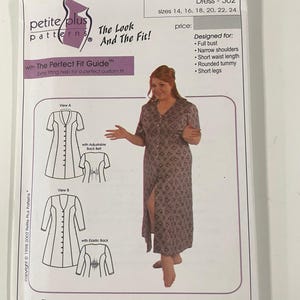 May include: A sewing pattern for a Princess Seamed Dress, sizes 14, 16, 18, 20, 22, and 24. The pattern includes diagrams and instructions for a dress designed for full bust, narrow shoulders, short waist length, rounded tummy, and short legs.