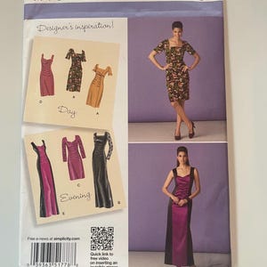 Puede incluir: Patrón de costura Simplicity 1778 H5 para vestidos en tallas 6-14. El sobre presenta ilustraciones de varios estilos de vestidos, incluyendo diseños florales, de lunares y lisos, junto a fotografías de dos vestidos terminados en floral y morado.