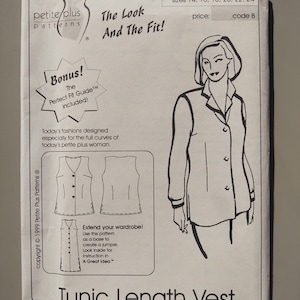 May include: A white paper pattern for a tunic length vest. The pattern includes illustrations of the vest design, sizing information, and text that reads "The Look And The Fit!" and "Extend your wardrobe!"