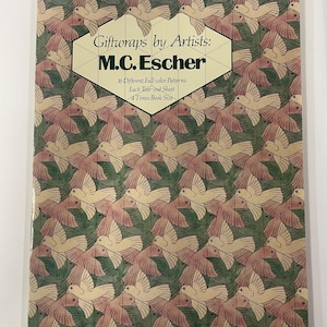 May include: A book titled Giftwraps by Artists: M.C. Escher featuring a repeating tessellation pattern of interlocking birds in shades of cream, pink, and green. The cover text reads 16 Different, Full-color Patterns. Each Tear-out Sheet 4 Times Book Size.